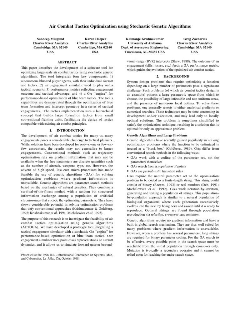 Air Combat Tactics Optimization Using Stochastic Genetic Algorithms | PDF