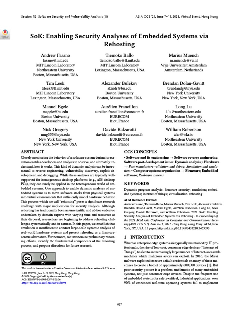 Sok: Enabling Security Analyses of Embedded Systems Via Rehosting | PDF ...