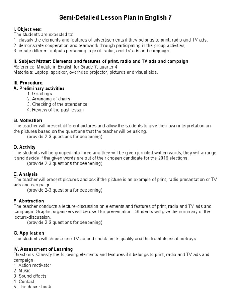 Sample Semi Detailed Lesson Plan | PDF