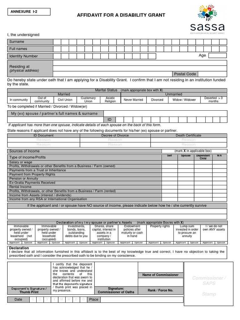SASSA Affivadit For Disability Grant | PDF | Divorce | Economies