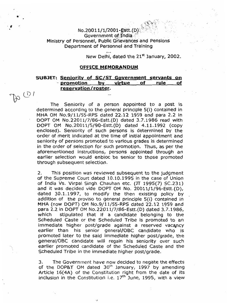 O.M. Dated 21.1.2002-Seniority of SC-ST Govt. Servants On Promotion by ...
