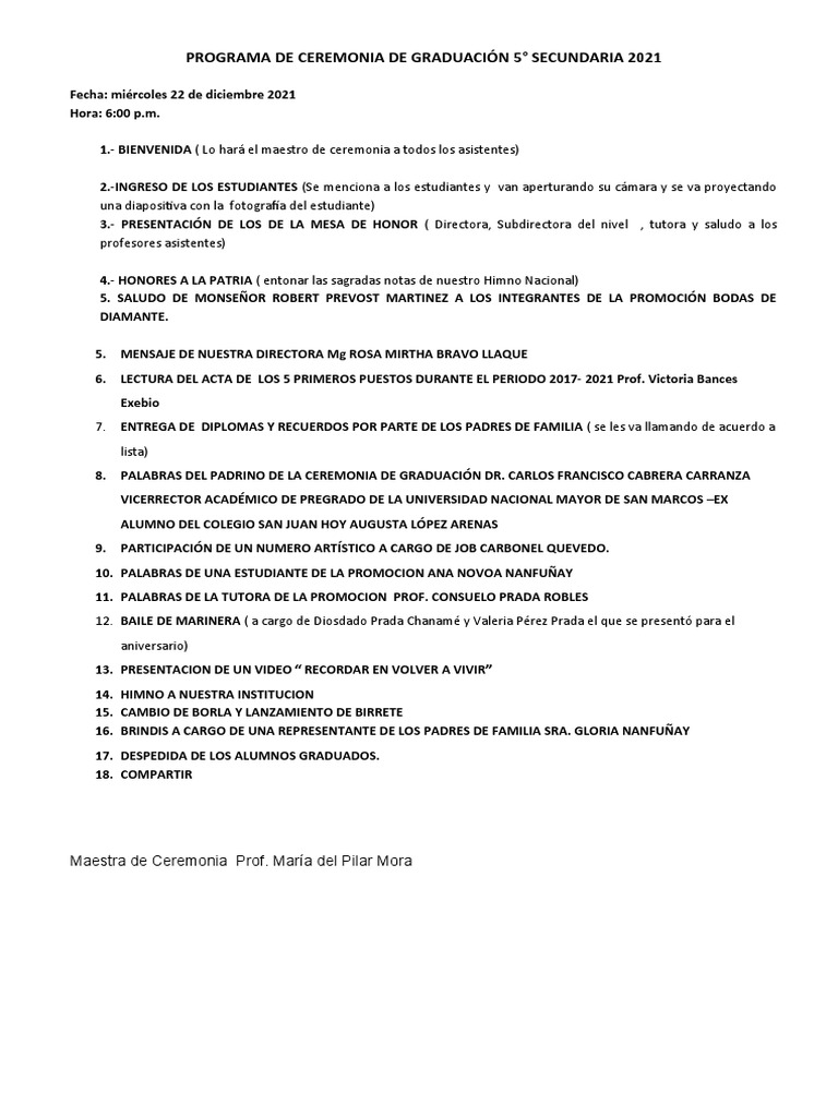 Programa de Ceremonia Graduacion Ala 2021 | PDF | Ciencias sociales | Arte