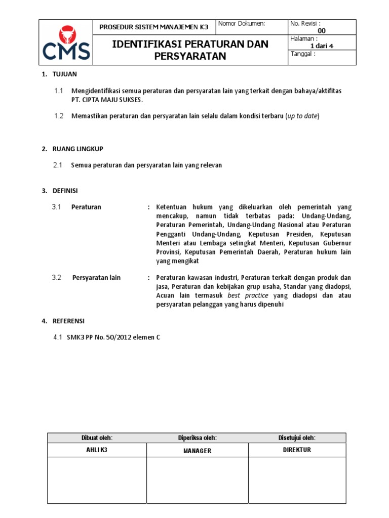 Identifikasi Peraturan K3 PT CMS | PDF