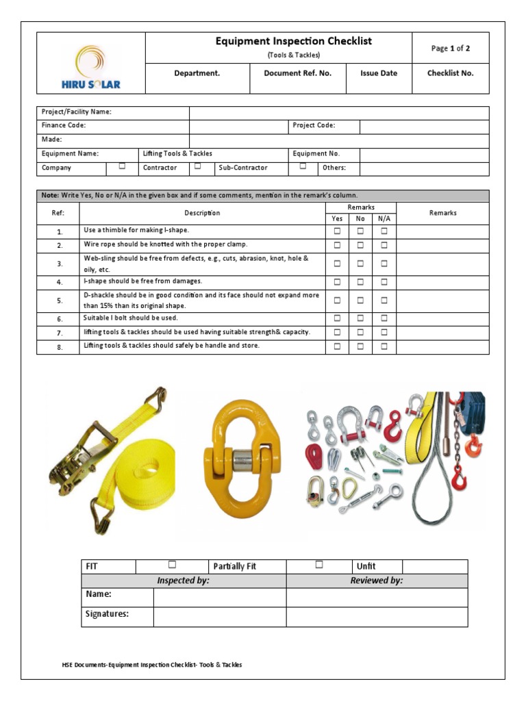 Inspection Checklist For Tools & Tackles | PDF