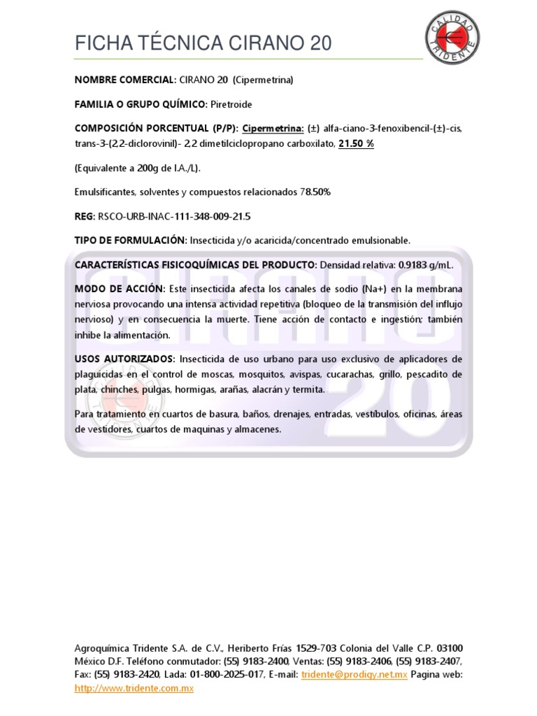 Ficha Técnica Cirano 20 Insecticida | PDF | Insecticida | Insectos y ...