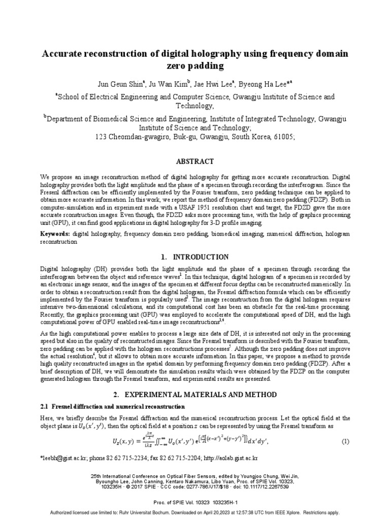Accurate Reconstruction of Digital Holography Using Frequency Domain