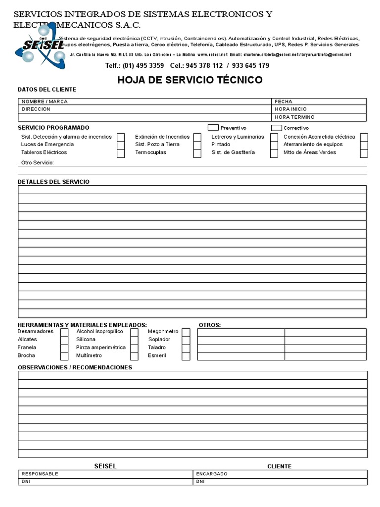 Hoja de Servicio Técnico SEISEL | PDF