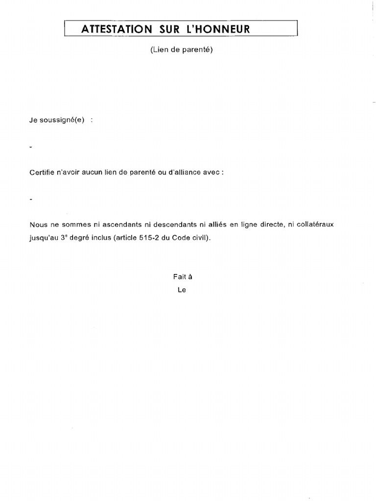Attestation Sur L Honneur De Lien De Parente3316 Pdf