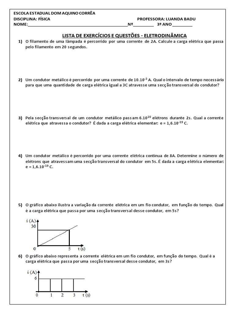 Lista de Exercícios de Eletrodinâmica | PDF | Resistência elétrica e ...