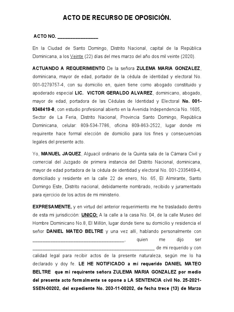 ACTO DE RECURSO DE OPOSICION de sentencia | PDF | República Dominicana ...