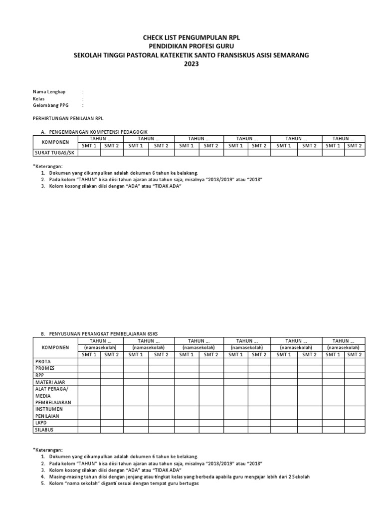 Checklist RPL Pendidikan Guru 2023 | PDF