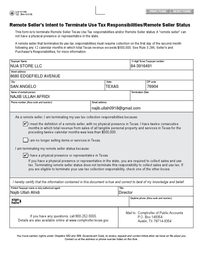 Remote Seller's Intent To Terminate Use Tax Responsibilities/Remote