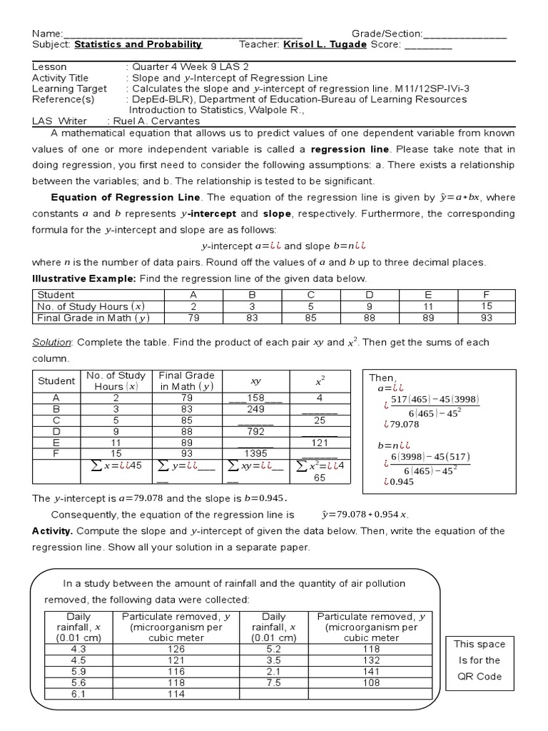 Calculate Regression Line Slope & Intercept | PDF | Regression Analysis ...