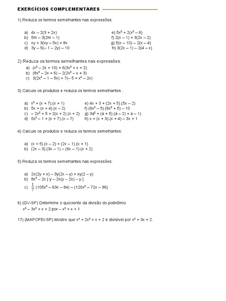 Exercícios Complementares Monomios e Polinomios | PDF