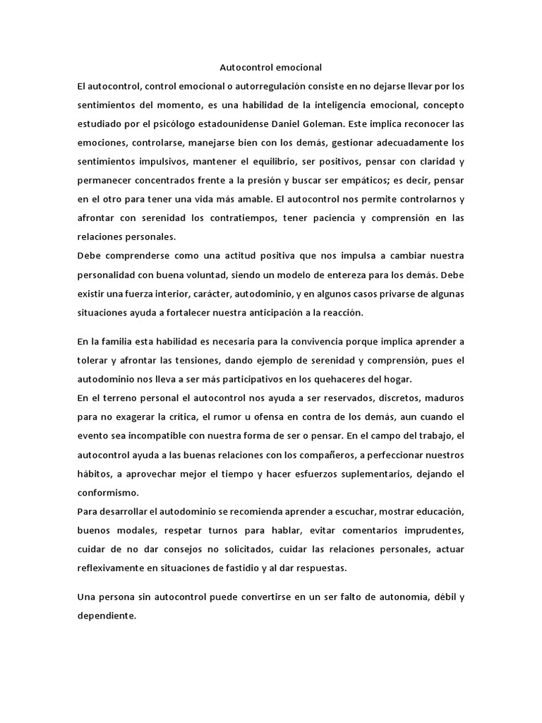 Autocontrol Emocional | PDF | Las emociones | Inteligencia emocional