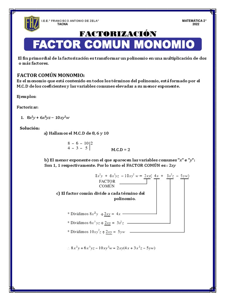 Ejercicios de Factor Común Monomio | PDF | Factorización | Álgebra ...