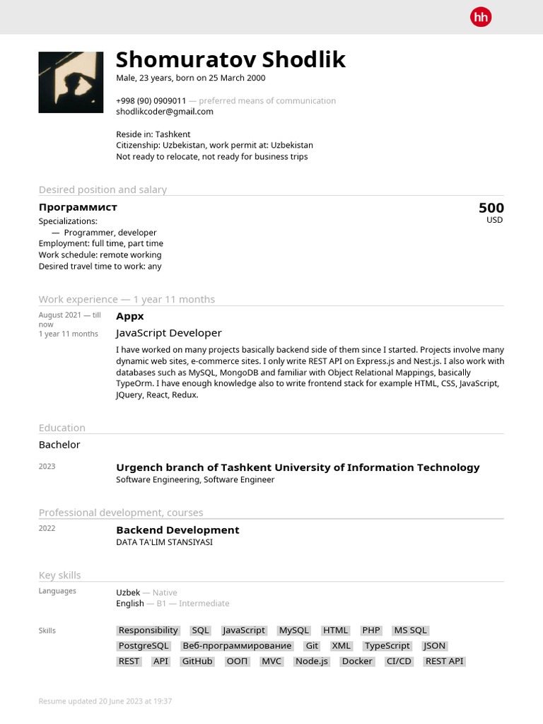 Резюме Программист Shodlik Shomuratov от 20-06-2023 22-12 | PDF | Java ...