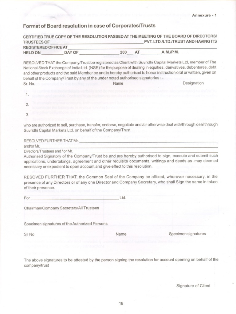 Format of Board Resolution in Case of Corporatesltrusts: Annexure | PDF ...