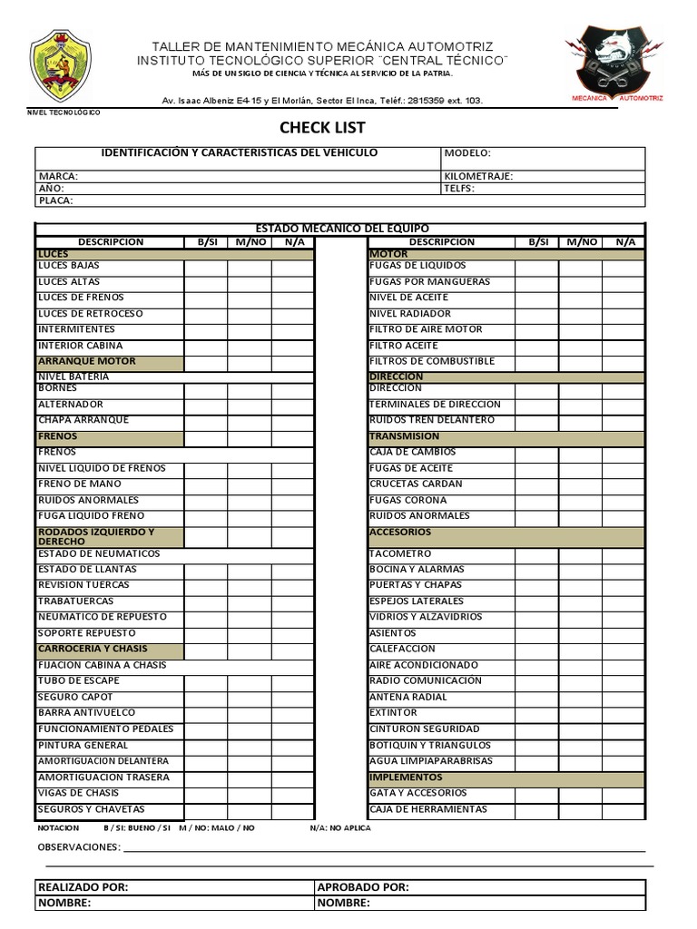 Check List de Mantenimiento Automotriz | PDF | Neumático | Carros ...