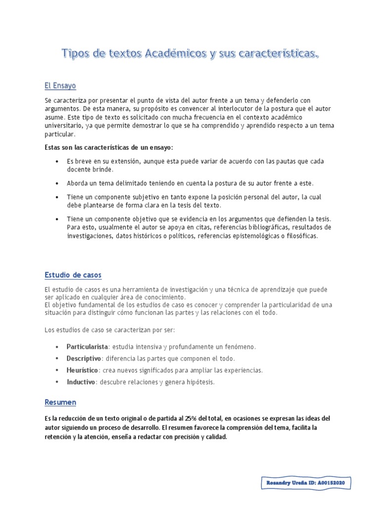 Tipos de Textos Académicos y Sus Características | PDF | Caso de ...