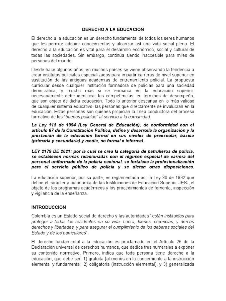 Derecho a la Educación en Colombia | PDF | Policía | Educación de la ...