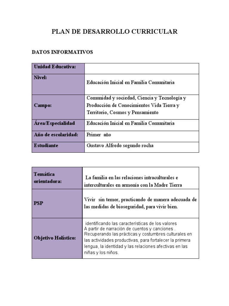 Plan de Desarrollo Curricular | PDF | Educación de la primera infancia ...