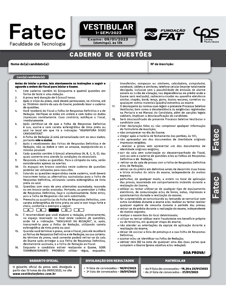 Prova Fatec Semestre 2023 | PDF