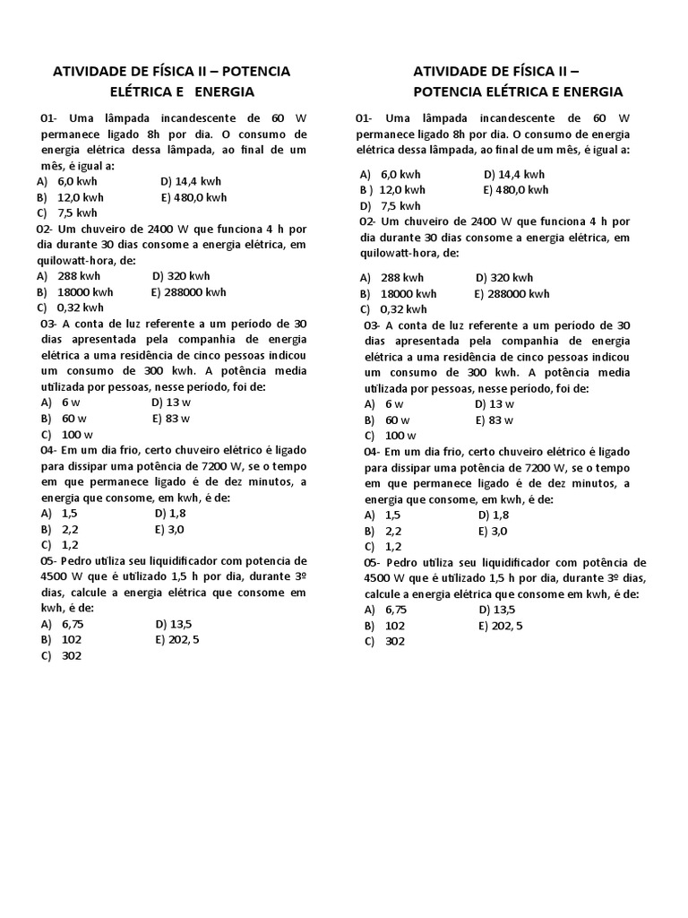 Exercícios sobre Consumo de Energia Elétrica | PDF | Energia elétrica ...