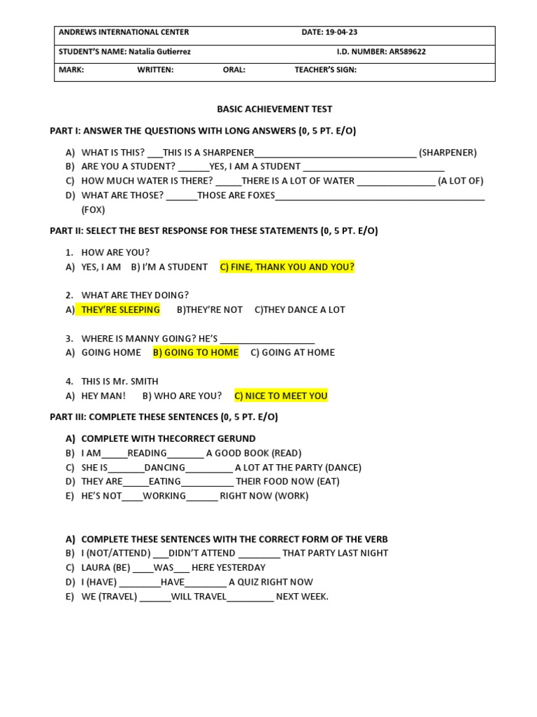 Achievement Test Basic To Intermediate | PDF | Verb | Adjective
