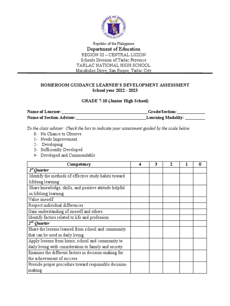 Homeroom Guidance Learners Development Assessment For Jhs Pdf