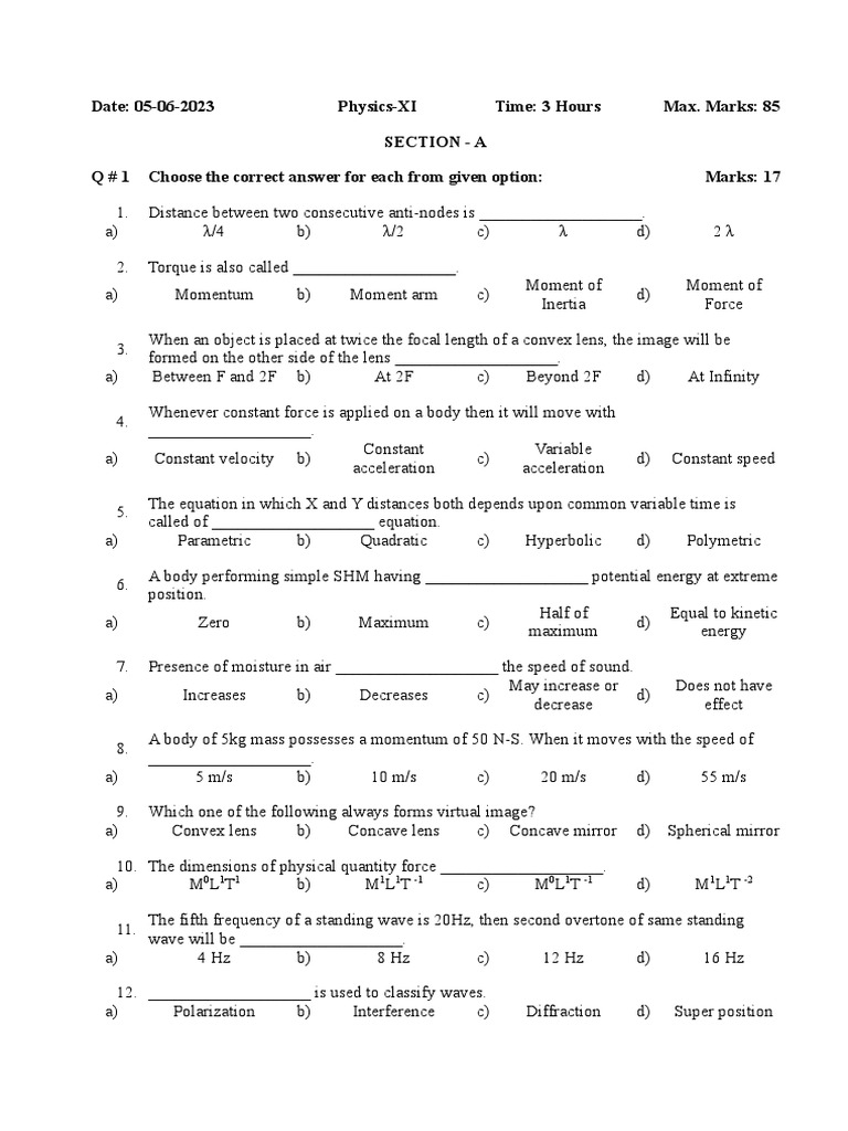Physics XI Exam Paper with Solutions | PDF | Force | Waves