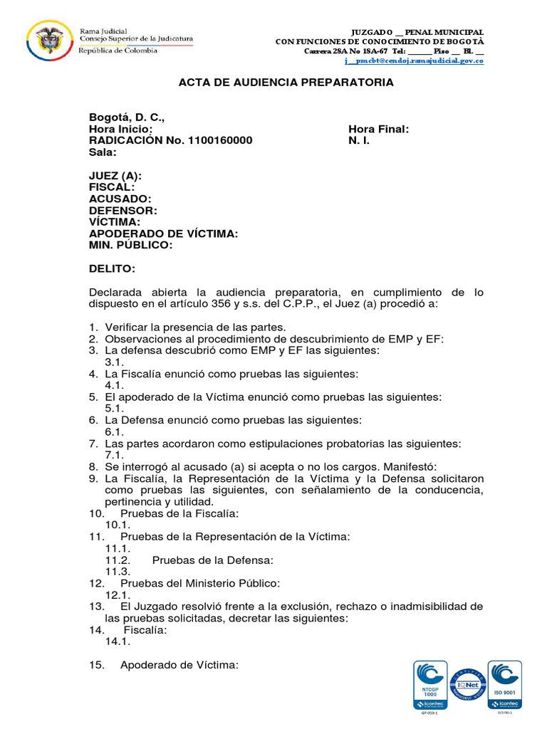 Acta de Audiencia Preparatoria Versión 01 | PDF | Justicia | Crimen y ...