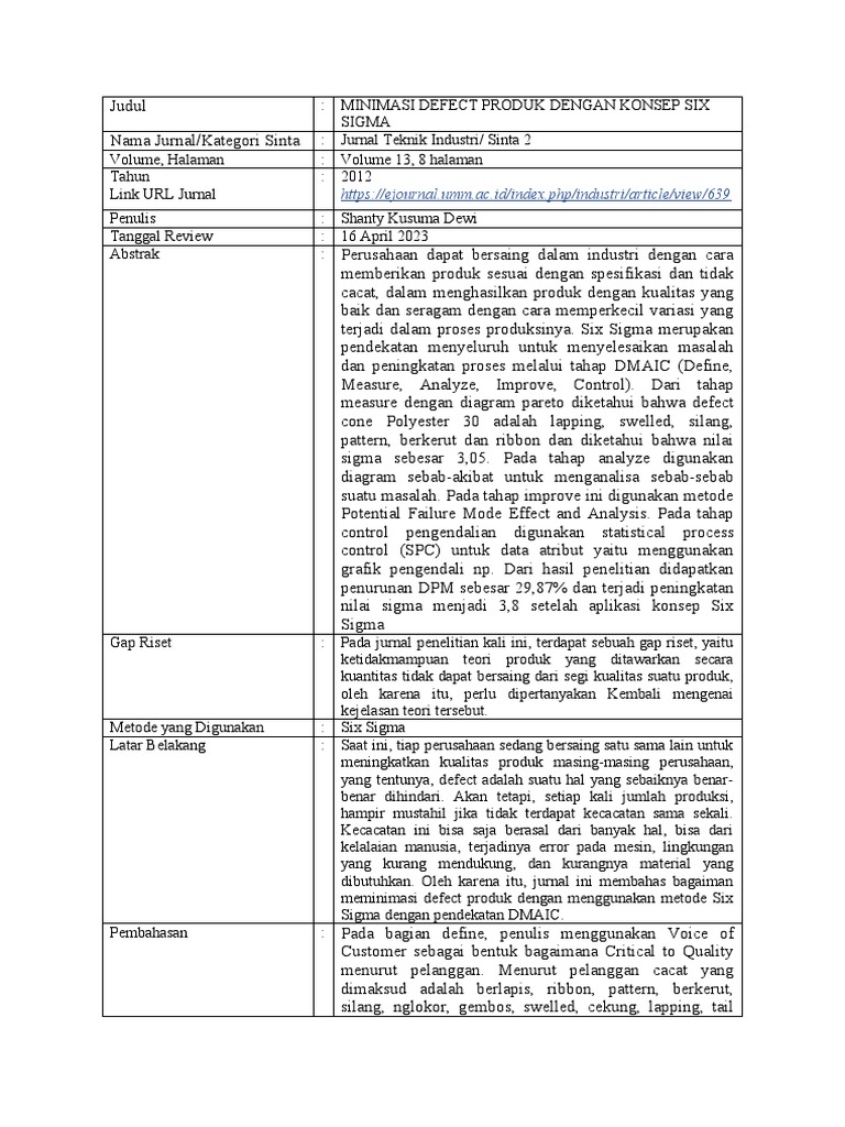 Minimasi Defect Produk dengan Six Sigma | PDF | Teknologi & Rekayasa