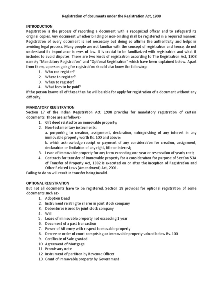 Registration of Documents Under The Registration Act PDF Will And