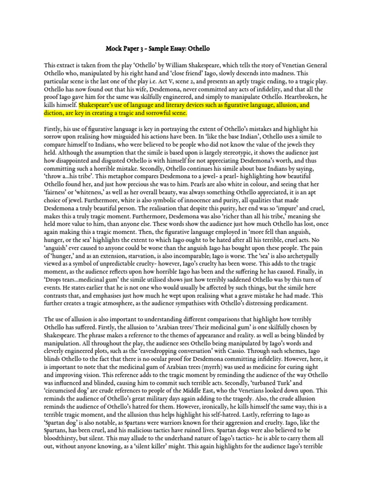 Mock Paper 3 Sample Essay PDF Iago Othello