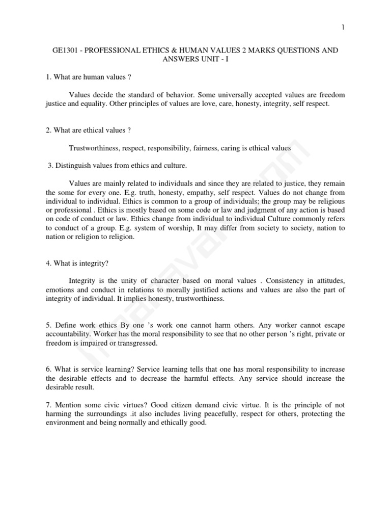 GE1301 Professional Ethics and Human Values | PDF | Risk | Integrity