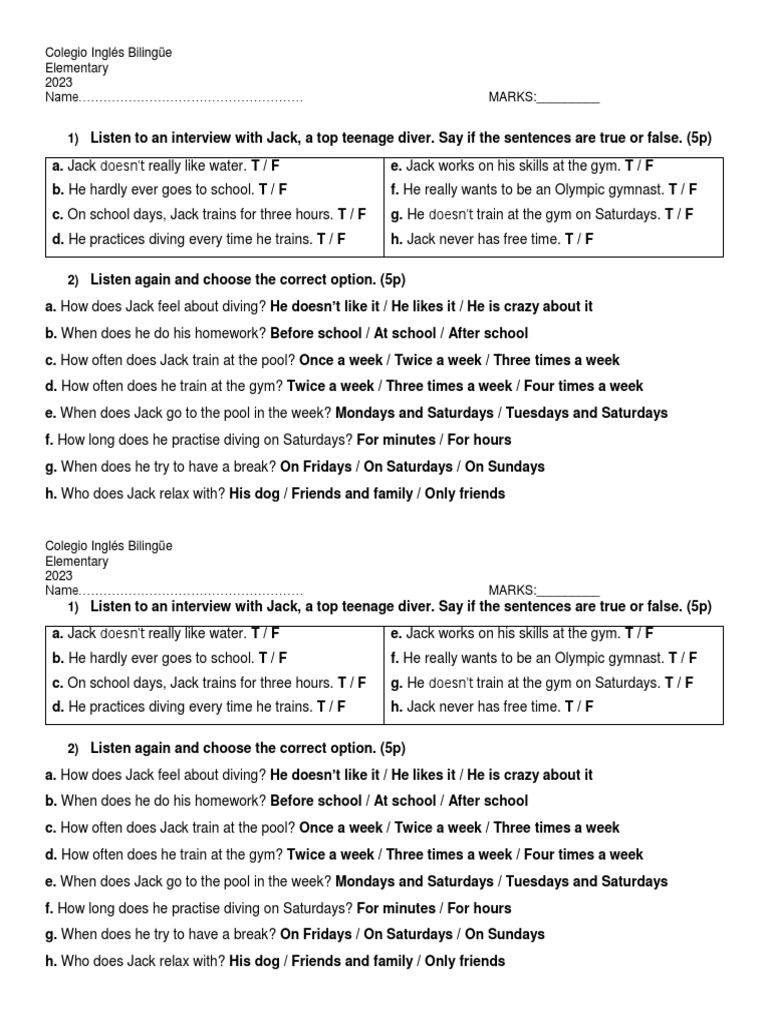 Listening Unit 2 Pdf Underwater Diving Swimming