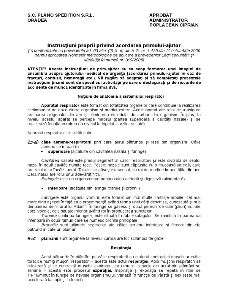 Instructiuni Proprii Privind Acordarea Primului Ajutor | PDF