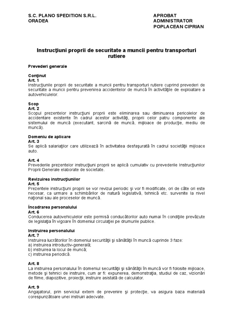 Instructiuni Proprii Pentru Transporturi Rutiere | PDF
