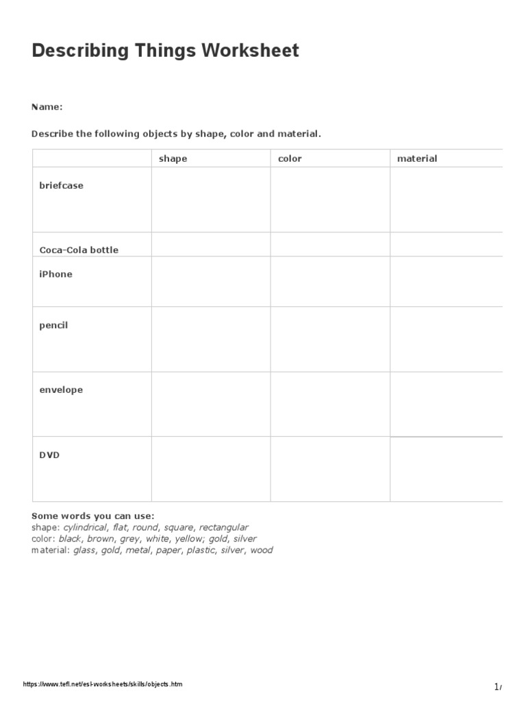 Describing Things Worksheet PDF