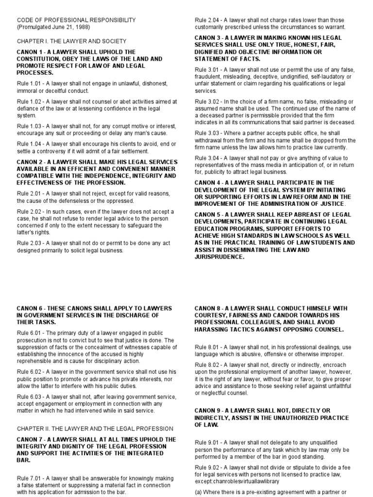 Code of Professional Responsibility PDF Lawyer Practice Of Law
