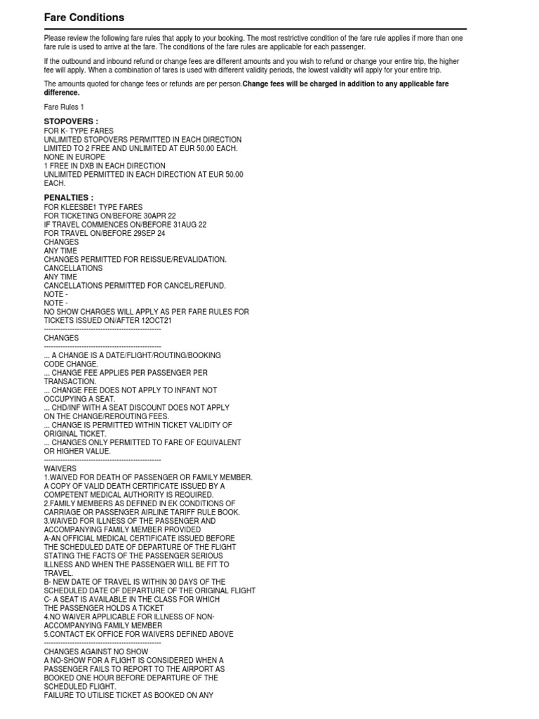 Emirates Fare Conditions PDF Fee Fare