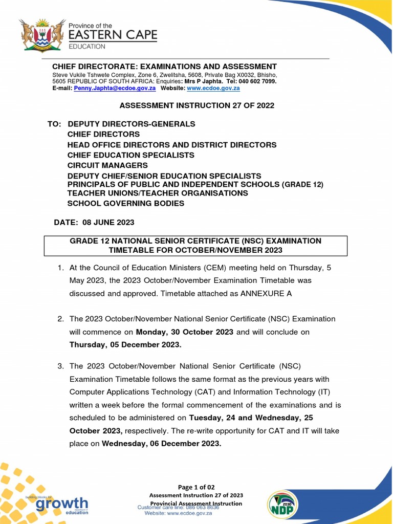 Assessment Instruction 27 of 2023 NSC Final Exam Timetable PDF