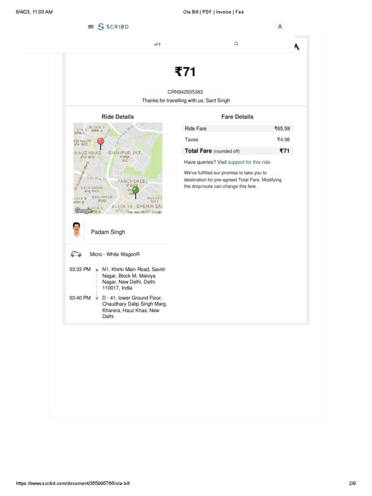 Ola Bill Pdf Invoice Fee Pdf