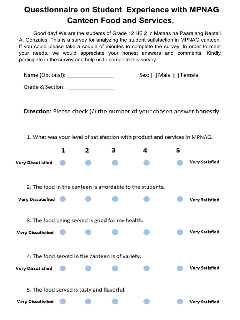 Questionnaire on Student Experience with canteen food and services PDF