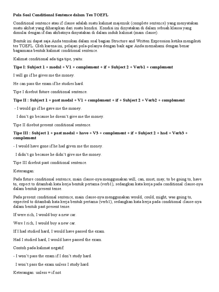 Pola Soal Conditional Sentence Dalam Tes TOEFL | PDF