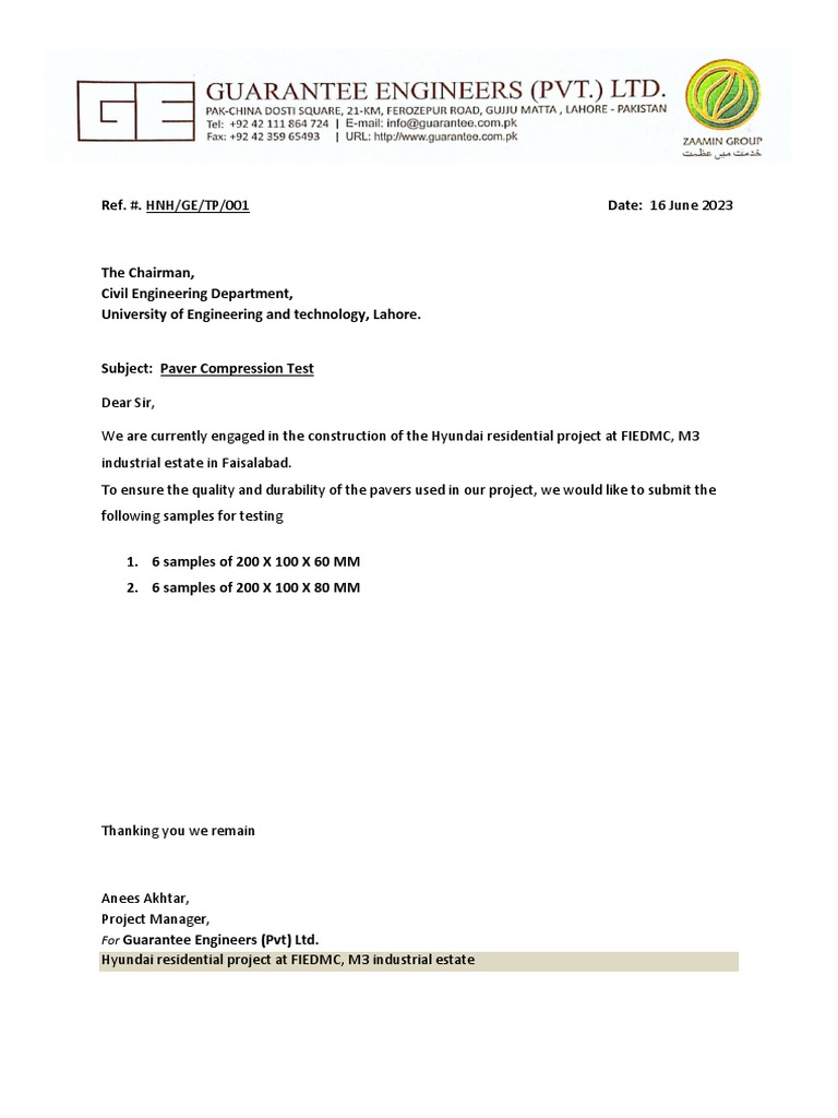 Paver Testing Letter | PDF