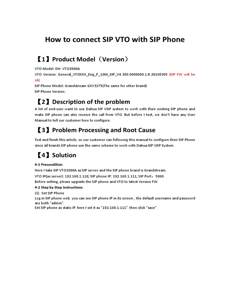How To Connect SIP VTO With SIP Phone PDF Session Initiation Protocol User