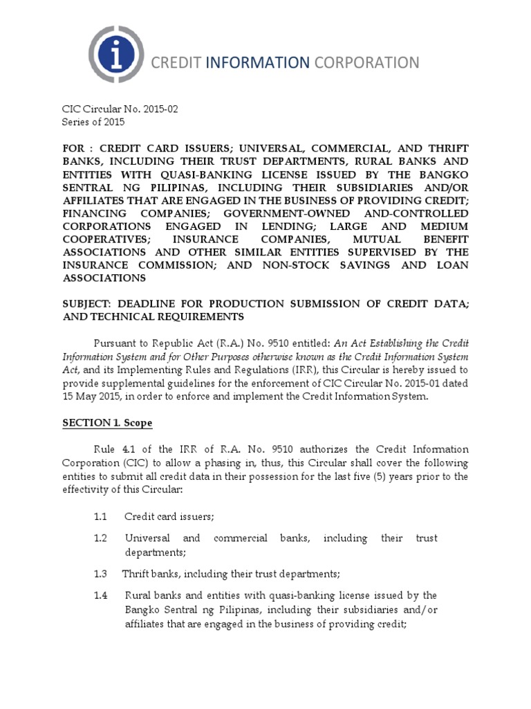 CIC Circular 2015-02: Credit Data Submission | PDF | File Transfer ...