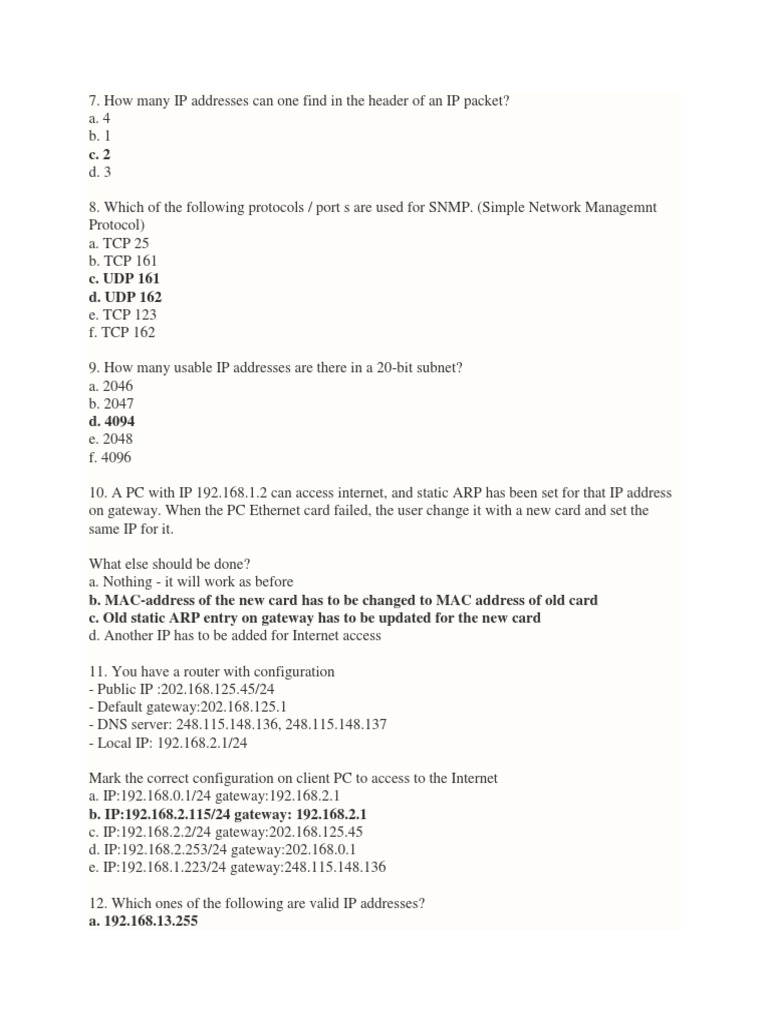 IP Networking Quiz Questions and Answers | PDF | Internet Protocols ...